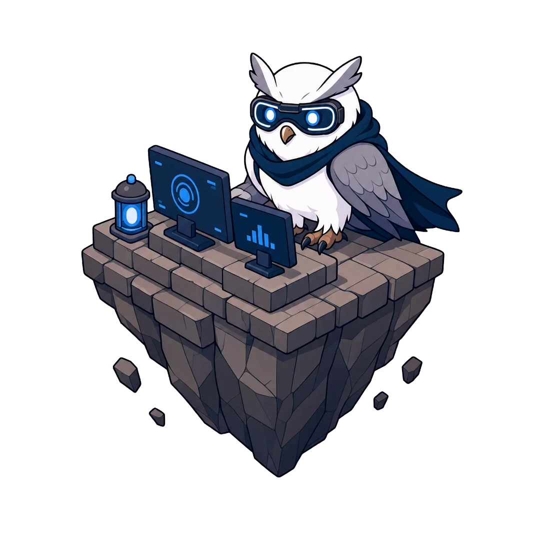 Soc0, the Port0 owl analyst, at a floating command desk with glowing screens