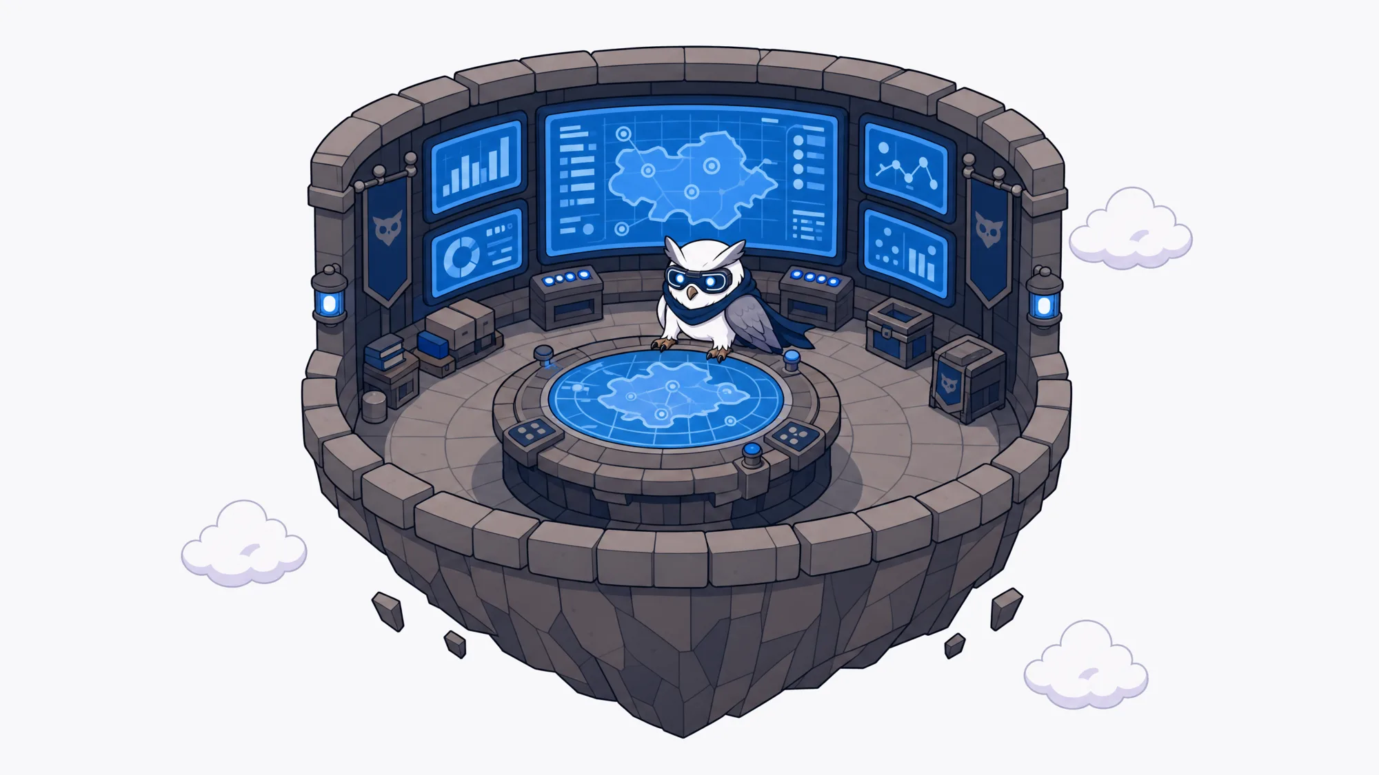 Pixel-art owl director at a central console surrounded by glowing screens inside the mountain