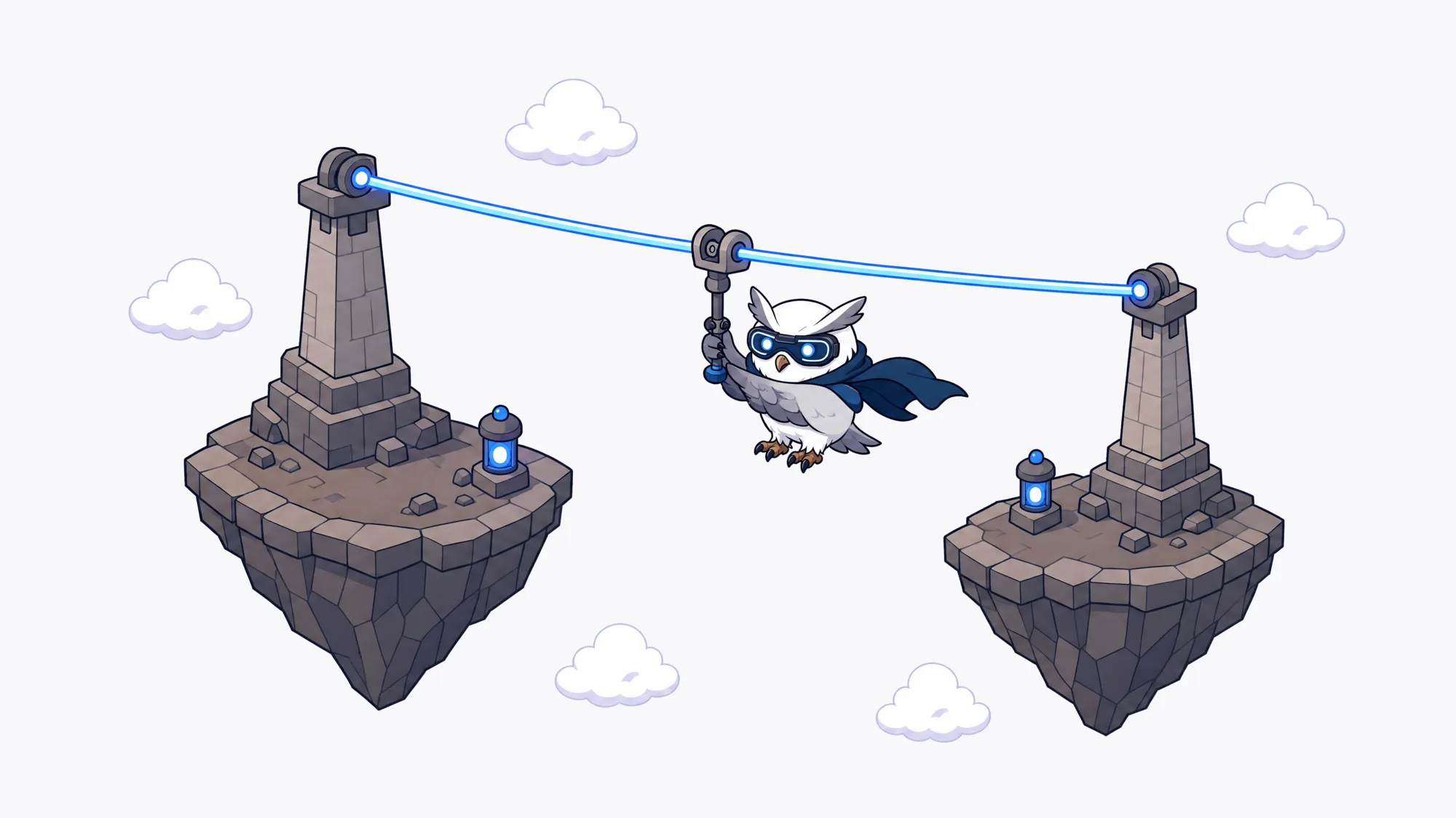 Pixel-art owl riding a glowing energy cable strung between two snowy peaks