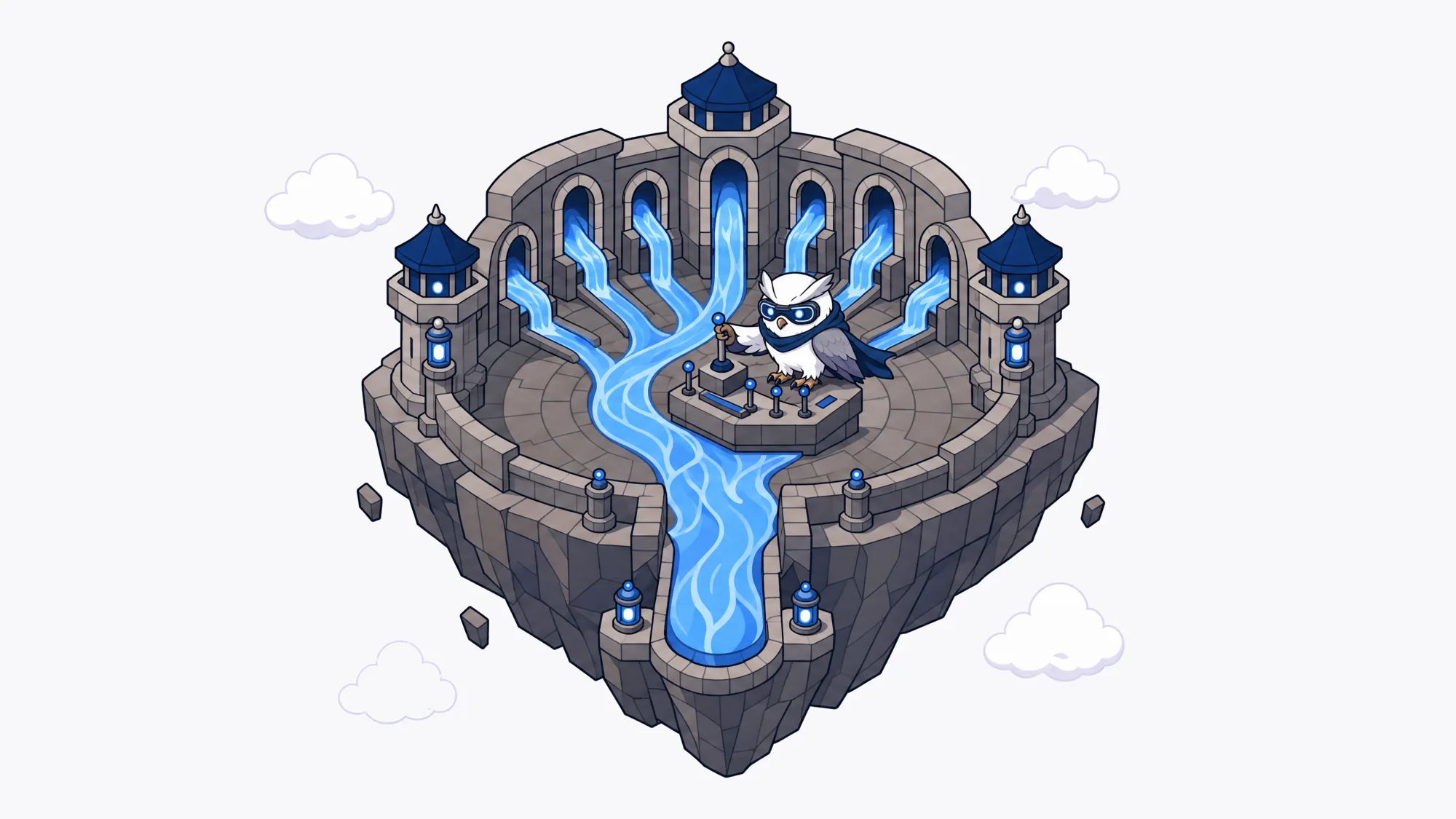 Pixel-art owl engineer merging glowing mountain streams into one river at a stone console