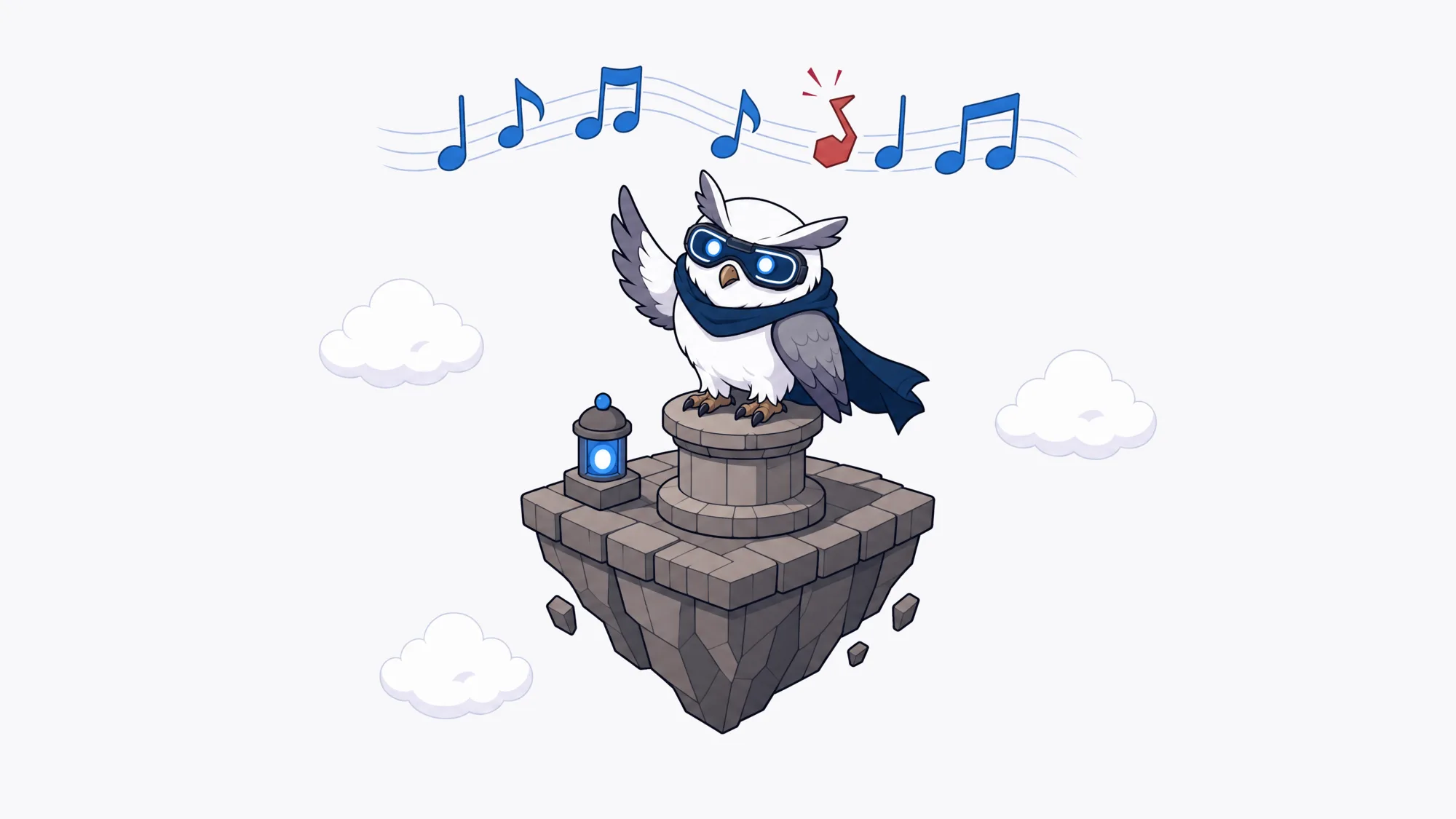 Pixel-art owl conductor spotting one amber note drifting out of a synchronized blue score