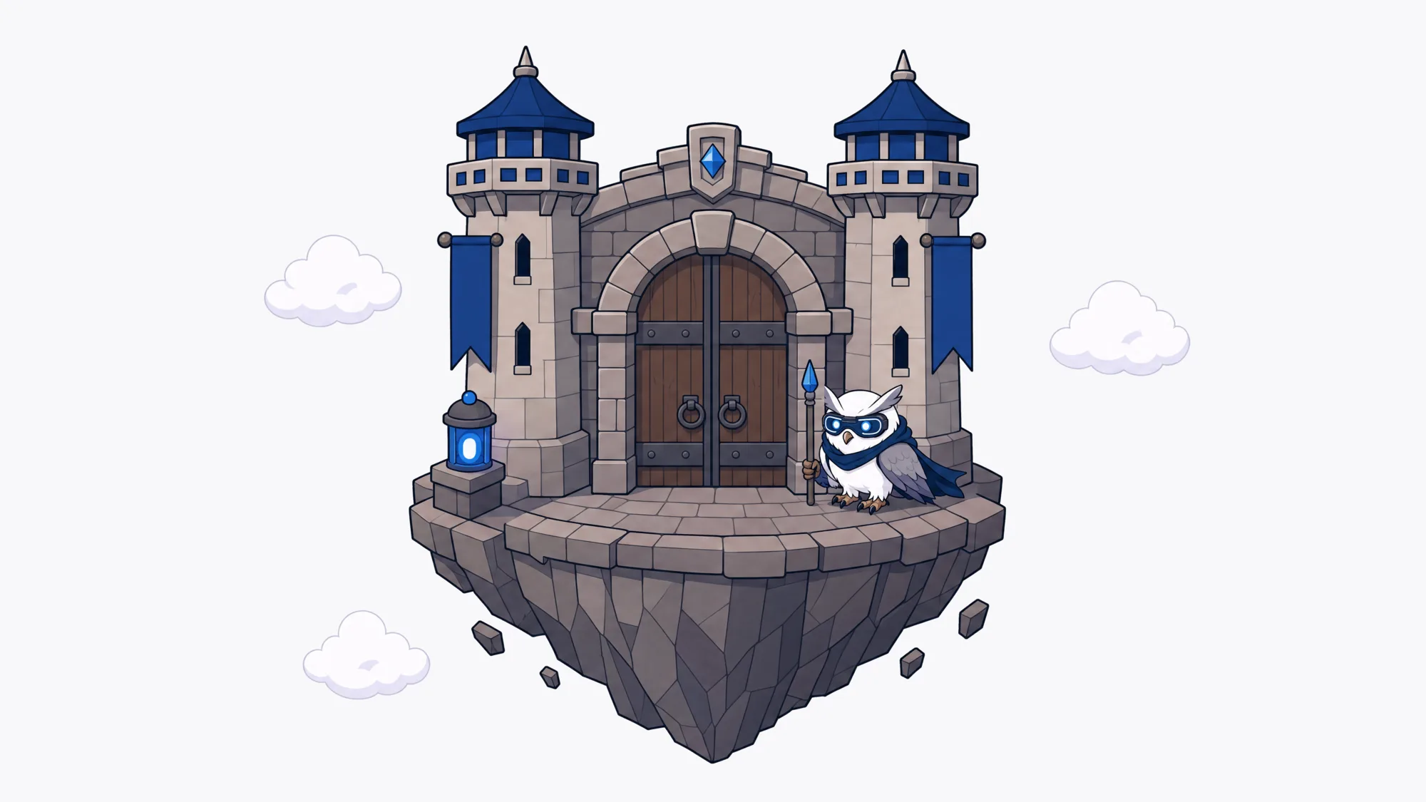 Pixel-art owl sentinel guarding a sealed gate set into a snowy mountain wall