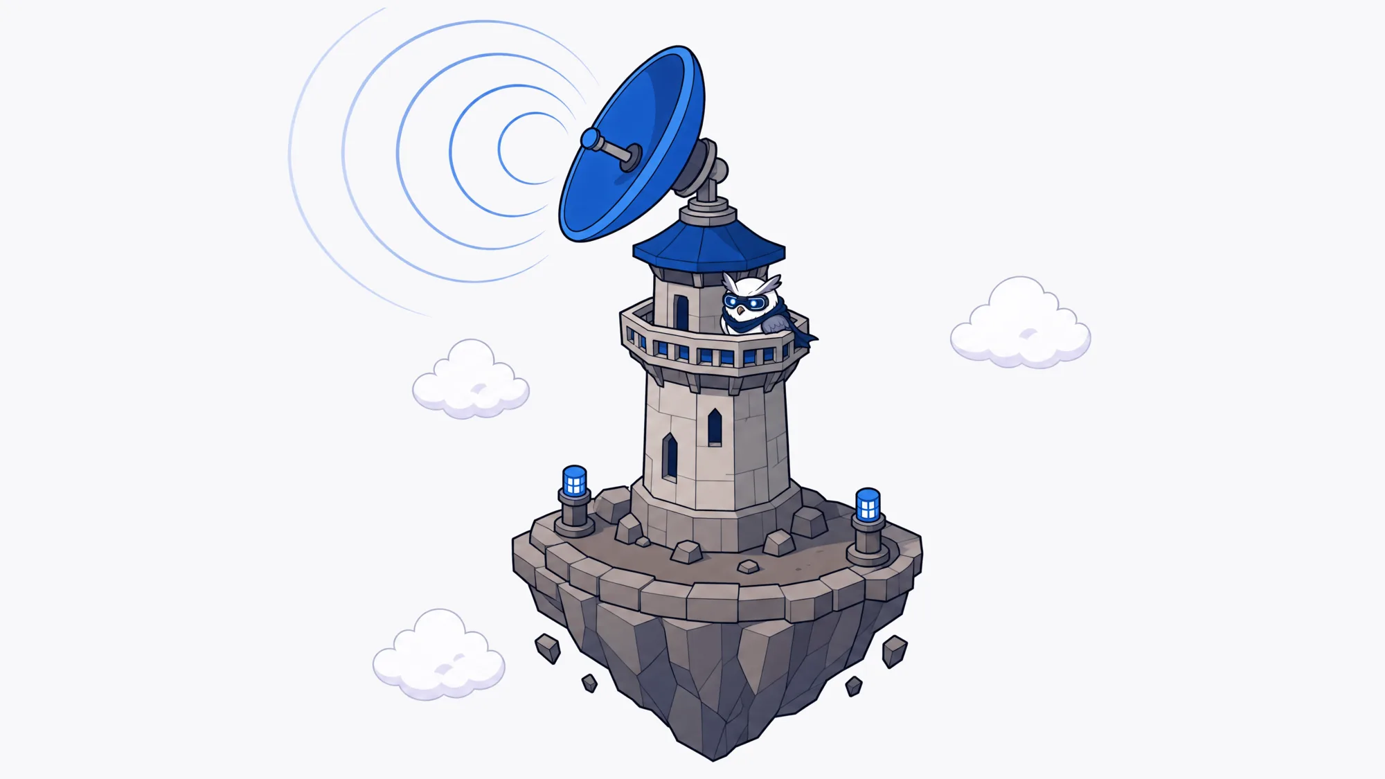 Pixel-art owl atop a listening tower with blue signal waves radiating over snowy peaks