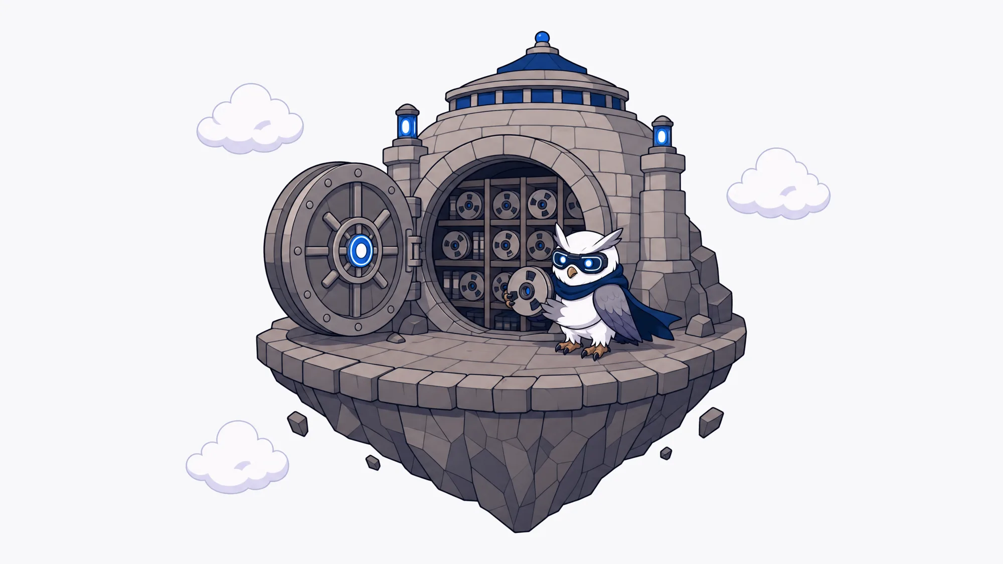Pixel-art owl archivist shelving glowing tape reels in a vault carved into the mountainside