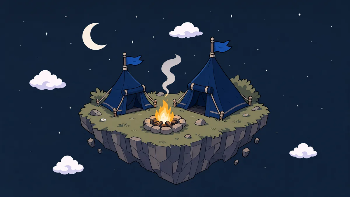 A campfire between tents under a starry night sky
