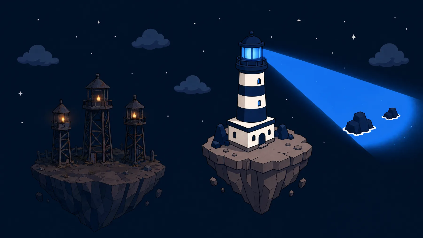 A bright lighthouse beam cutting the night sky beside a cluster of dim, rusty watchtowers